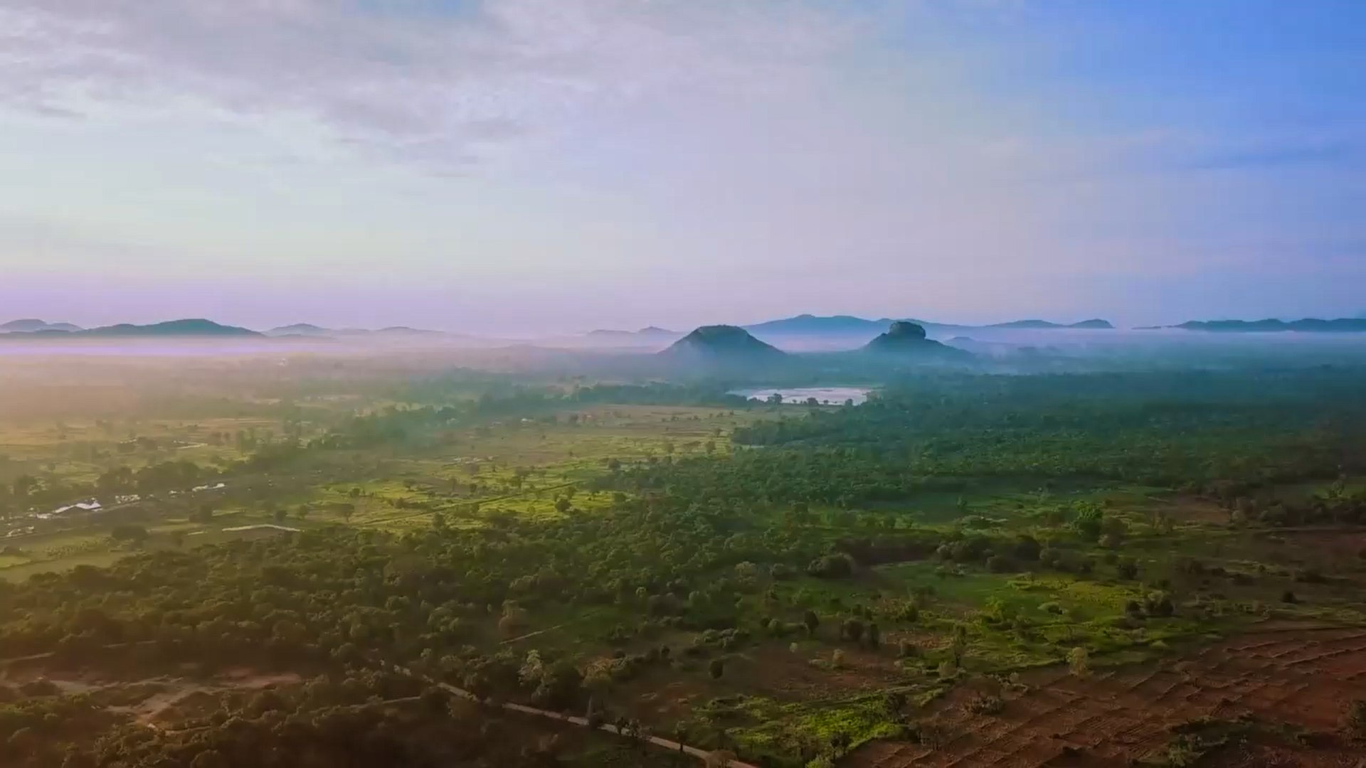 Aerial view of lush green forest and misty Sigiriya landscape at sunrise