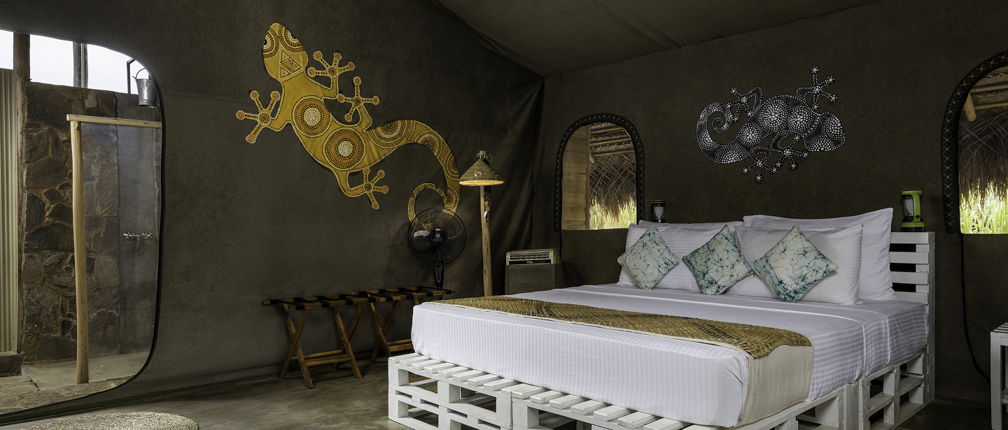 Eco-chic glamping suite with handmade decor and sustainable furnishing – wild glamping gal oya