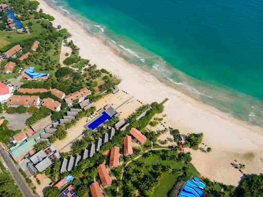 Aerial view of Maalu Maalu resort along Sri Lanka’s calm east coast beach
