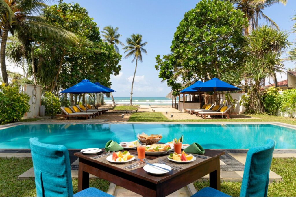 Beachfront pool and ocean view at Parangi Weligama Bay near Weligama surf beach