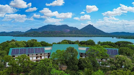 Aerial view of Amba Yaalu Kandalama overlooking Kandalama Lake, a peaceful base for birdwatching in Kandalama.