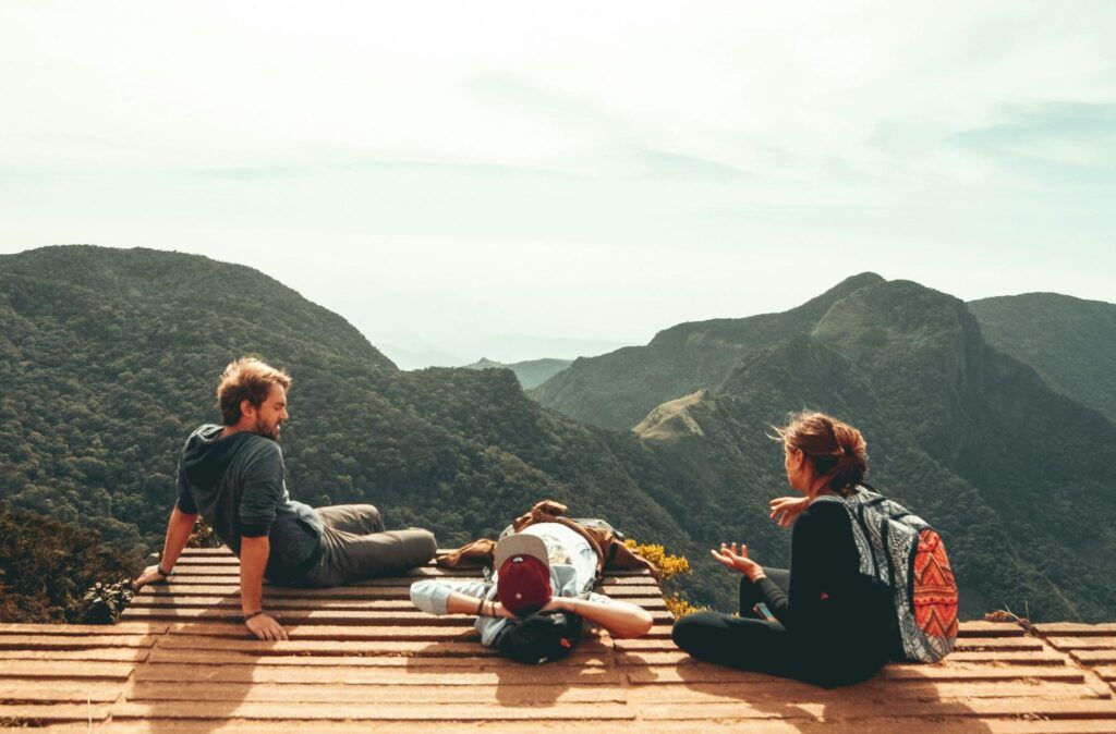 Hikers relaxing at World’s End viewpoint in Nuwara Eliya