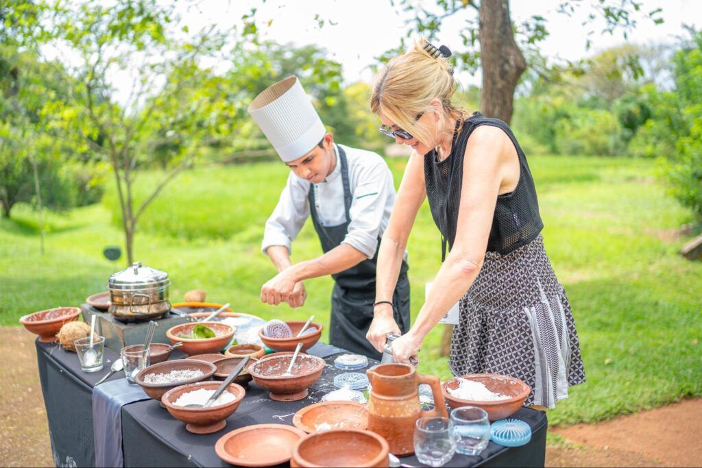 Sri Lankan cooking demonstration with a local chef using fresh ingredients in Aliya Resort and Spa