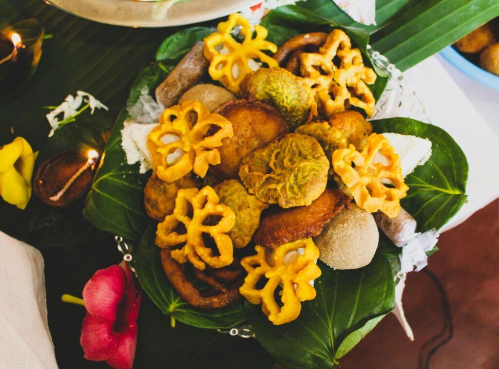 Traditional Sri Lankan sweets, kevum and kokis served during the festival