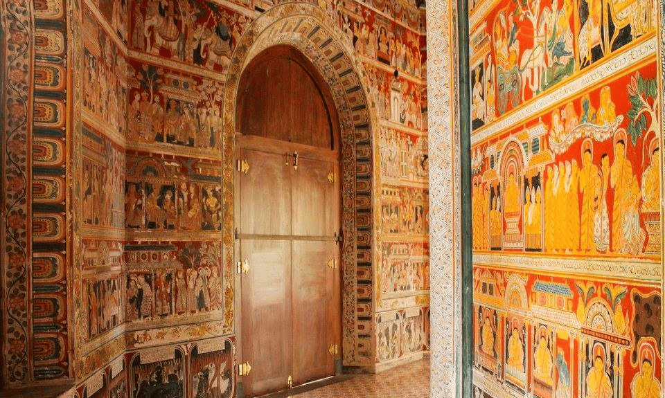 Historic Buddhist murals inside Kathaluwa Ranwella Purana Viharaya near Koggala Lake
