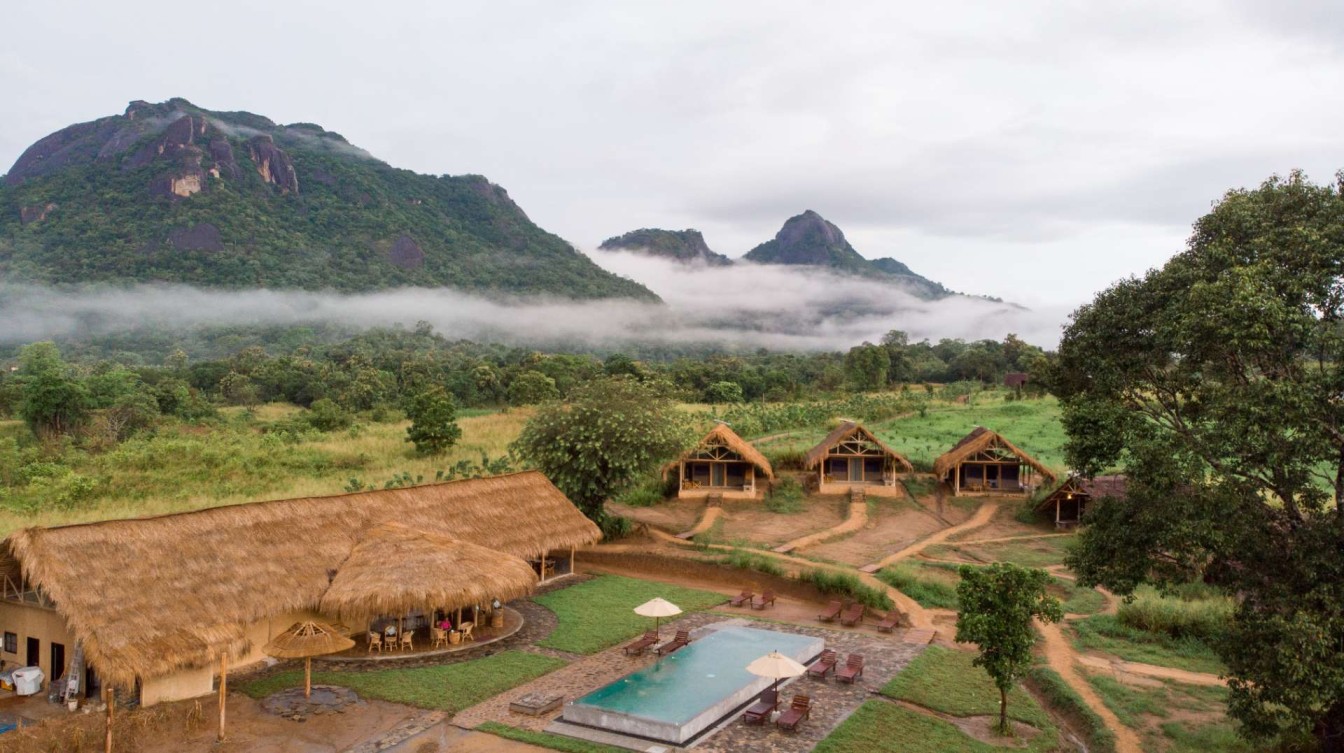 Aerial view of Wild Glamping Gal Oya with tents and swimming pool