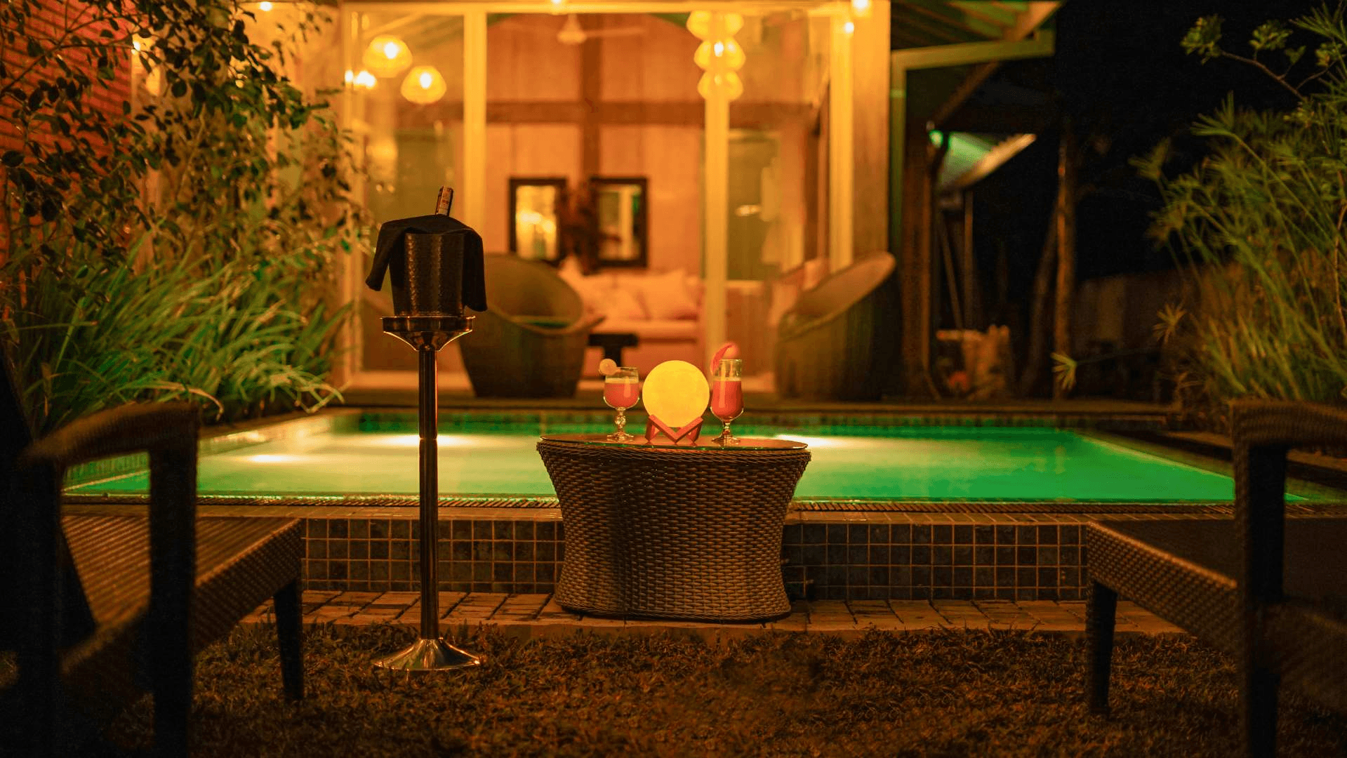 Outdoor pool area at Villa Blue Monk in Tissamaharama surrounded by tropical greenery