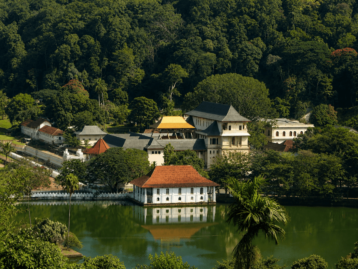 View of the Temple of the Tooth and Kandy Lake from the surrounding hills