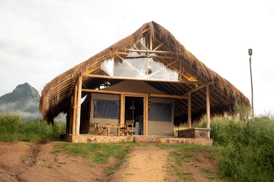Tented lodge built with earth bricks and illuk grass at Wild Glamping Gal Oya