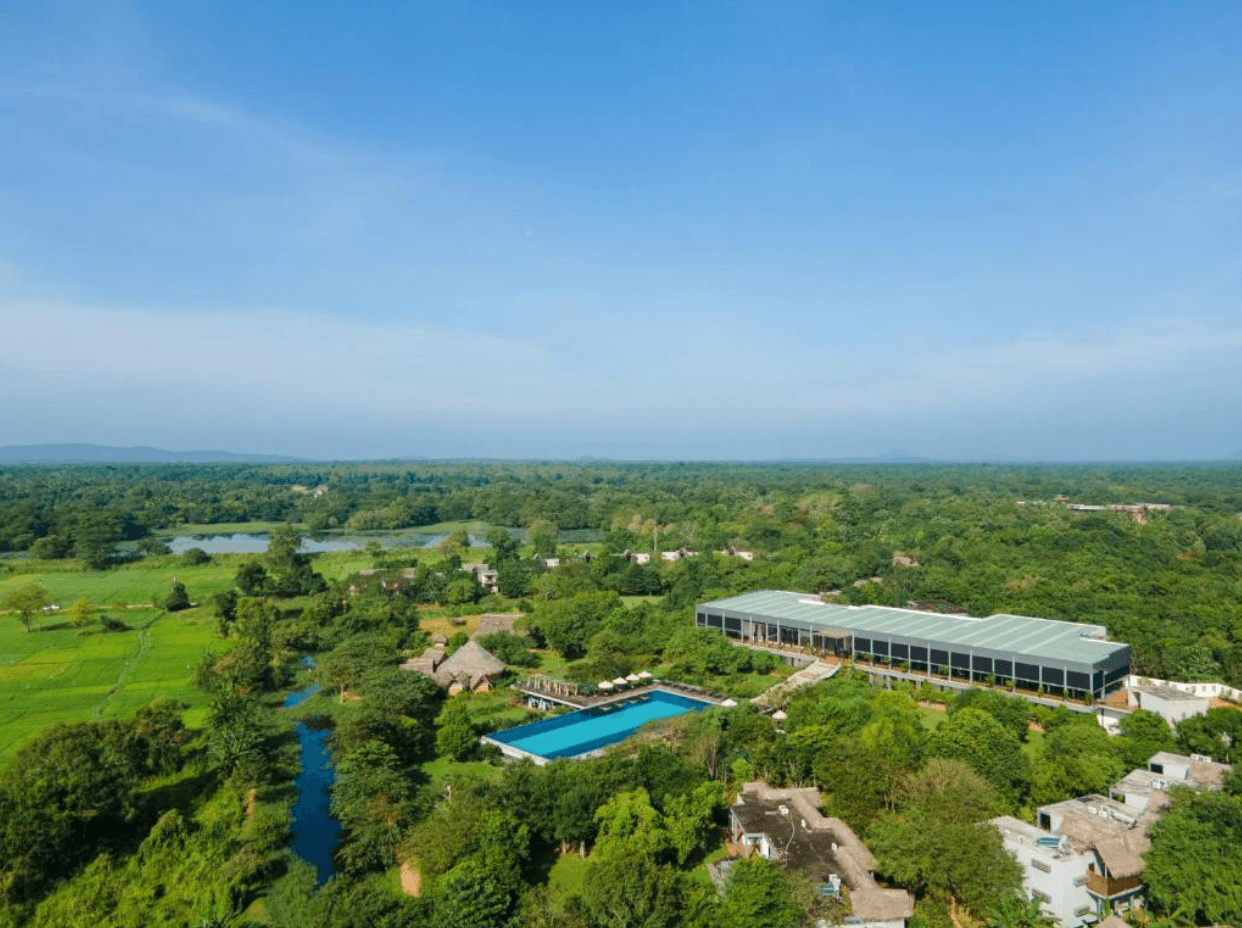Aerial view of Aliya Resort & Spa and its grounds in Sigiriya.