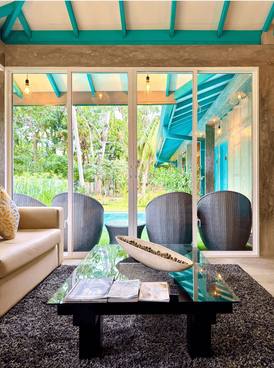 Private garden patio at Villa Blue Monk overlooking the wilderness.