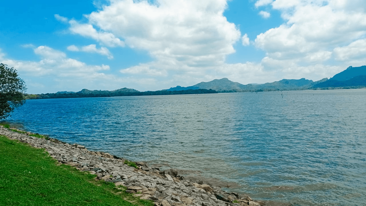 Kandalama reservoir stretching toward the hills in Sri Lanka's dry zone
