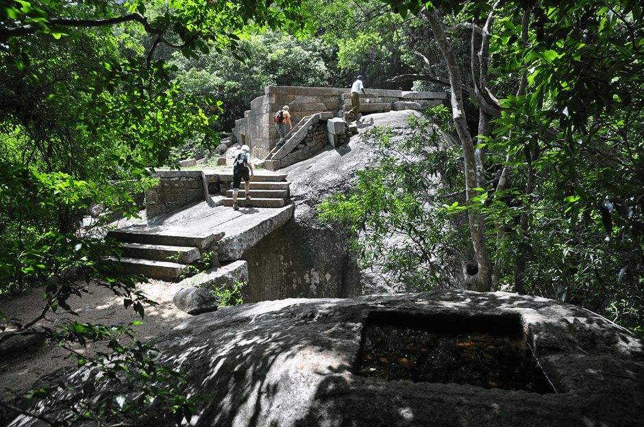 Stone double platforms among the trees at the Ritigala ruins